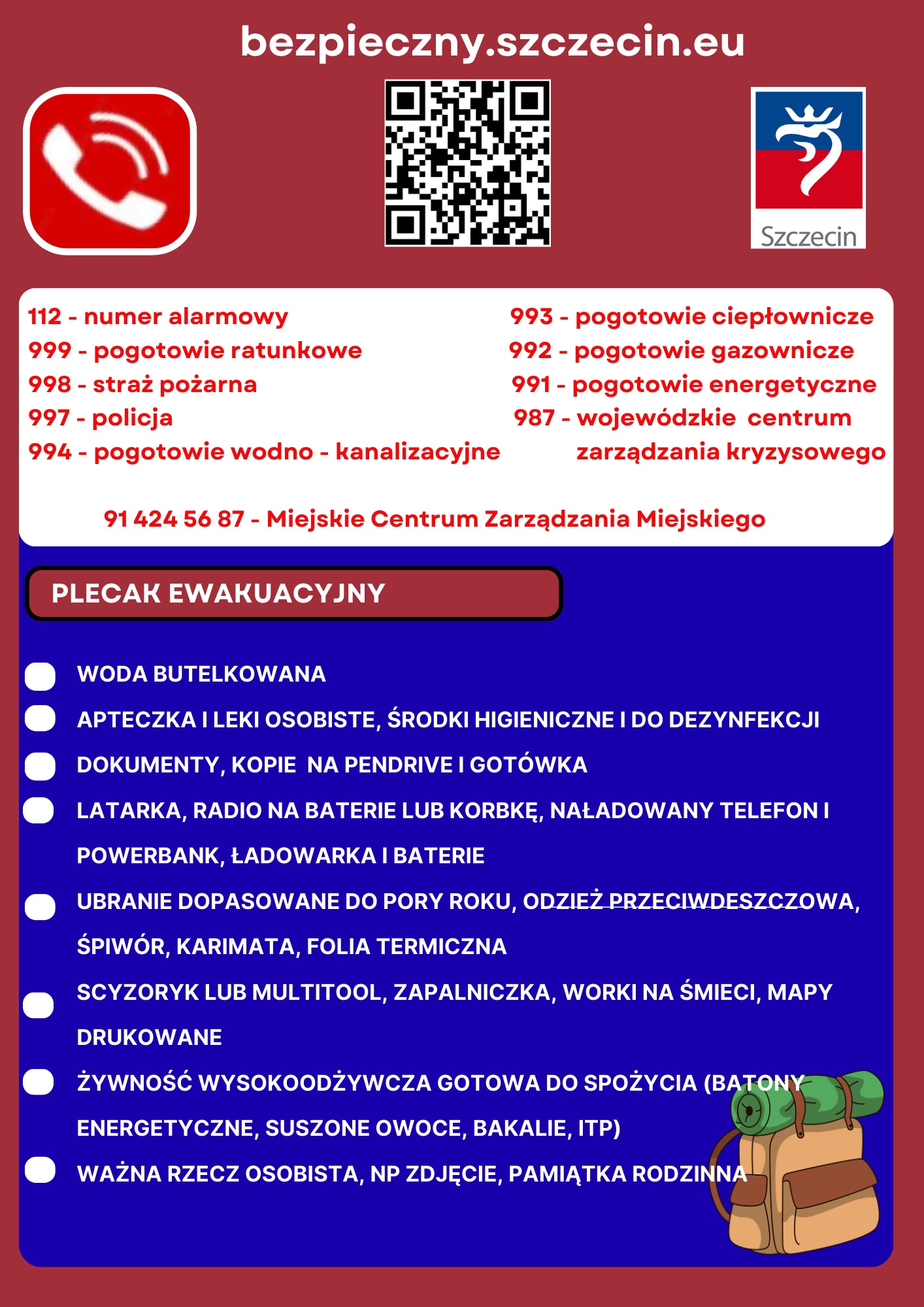 Ulotka dotycząca sygnałów alarmowych, komunikatów ostrzegawczych i plecaka ewakuacyjnego strona 1