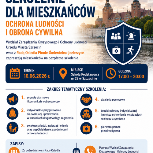 Plakat dotyczący szkolenia mieszkańców w Szkole Podstawowej nr 28