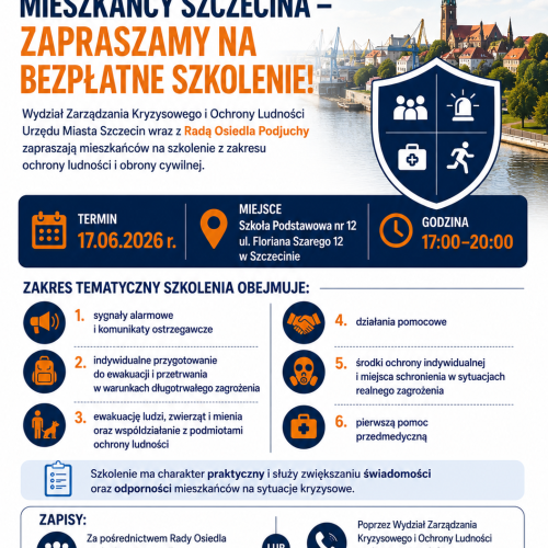 Plakat dotyczący szkolenia mieszkańców w Szkole Podstawowej nr 12