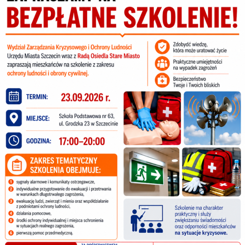 Plakat dotyczący szkolenia mieszkańców w Szkole Podstawowej nr 63