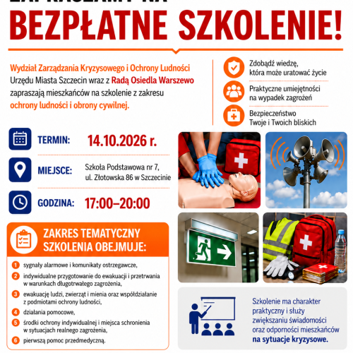 plakat dotyczący szkolenia z ochrony ludności i obrony cywilnej na osiedlu Warszewo