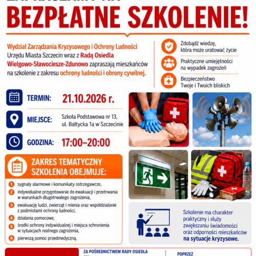 Plakat dotyczący szkolenia mieszkańców w Szkole Podstawowej nr13